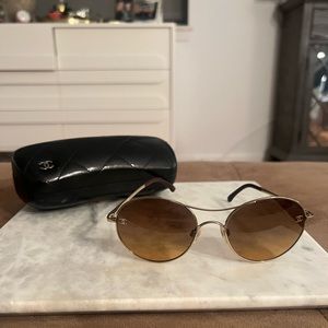 Chanel Pilot Sunglasses with case. Mint condition, gold and brown lenses